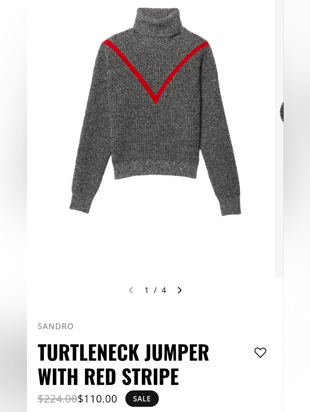 Sandro Wool Turtleneck Sweater with Red Stripe - S/M